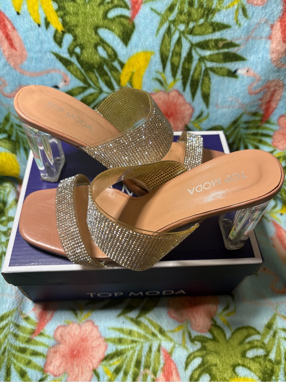 TOP Moda Gold Rhinestone Two-Strap Clear Heel Mules